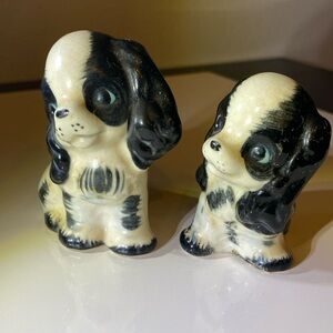 Vintage 70’s Black and White Spaniel Puppy Dog Salt and Pepper Shakers Kitschy